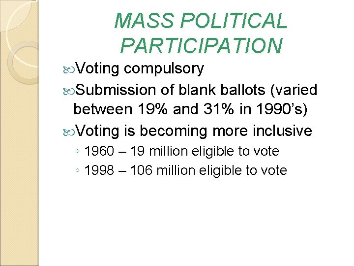 MASS POLITICAL PARTICIPATION Voting compulsory Submission of blank ballots (varied between 19% and 31%
