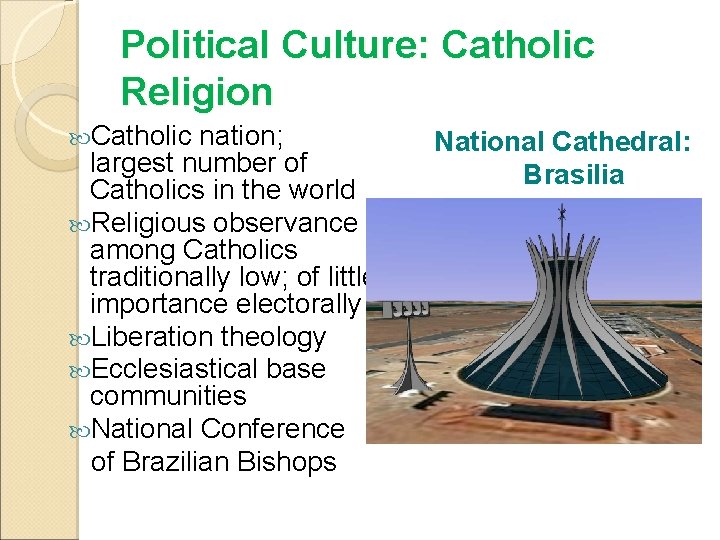 Political Culture: Catholic Religion Catholic nation; largest number of Catholics in the world Religious
