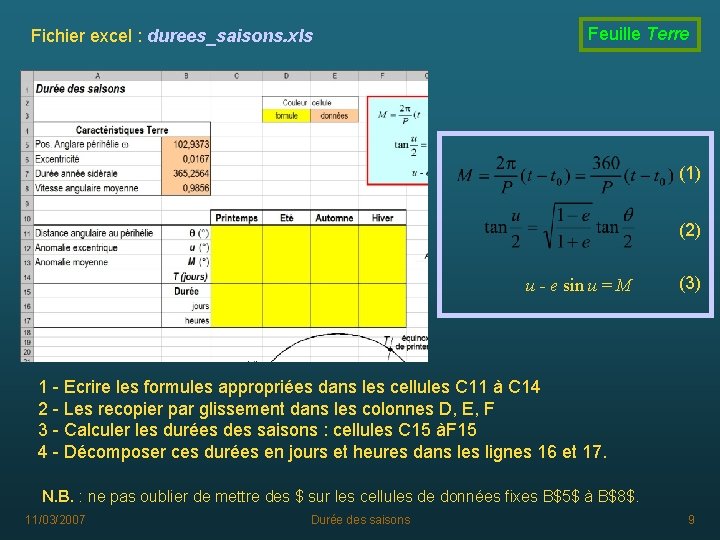 Fichier excel : durees_saisons. xls Feuille Terre (1) (2) u - e sin u