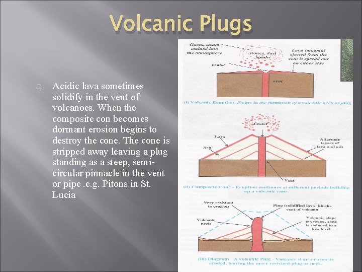Volcanic Plugs Acidic lava sometimes solidify in the vent of volcanoes. When the composite