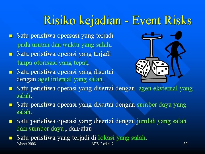 Risiko kejadian - Event Risks n n n n Satu peristiwa opersasi yang terjadi