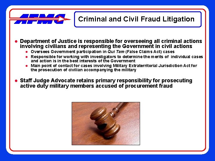 Criminal and Civil Fraud Litigation l Department of Justice is responsible for overseeing all
