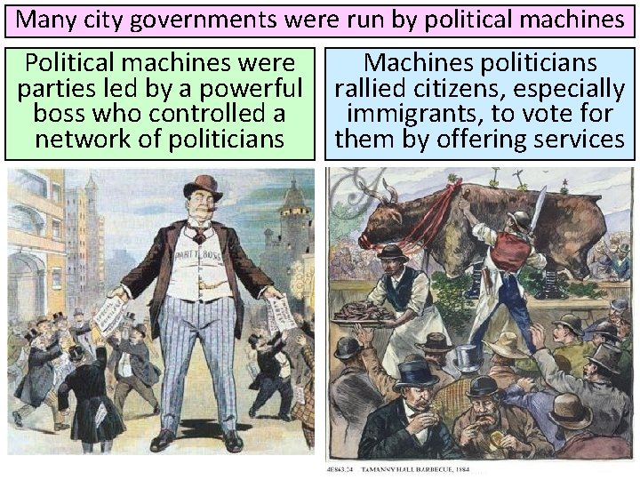Many city governments were run by political machines Political machines were parties led by