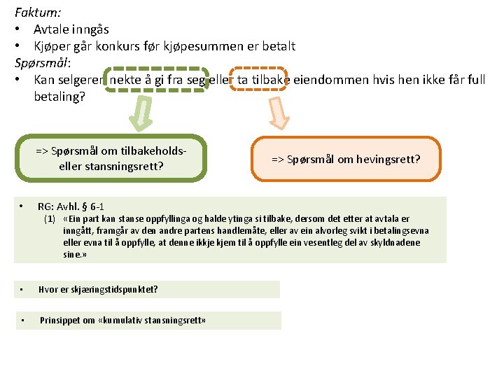 Faktum: • Avtale inngås • Kjøper går konkurs før kjøpesummen er betalt Spørsmål: •