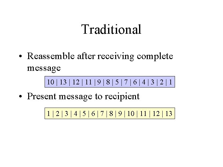 Traditional • Reassemble after receiving complete message 10 | 13 | 12 | 11