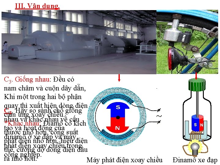 III. Vận dụng. C 3. Giống nhau: Đều có nam châm và cuộn dây