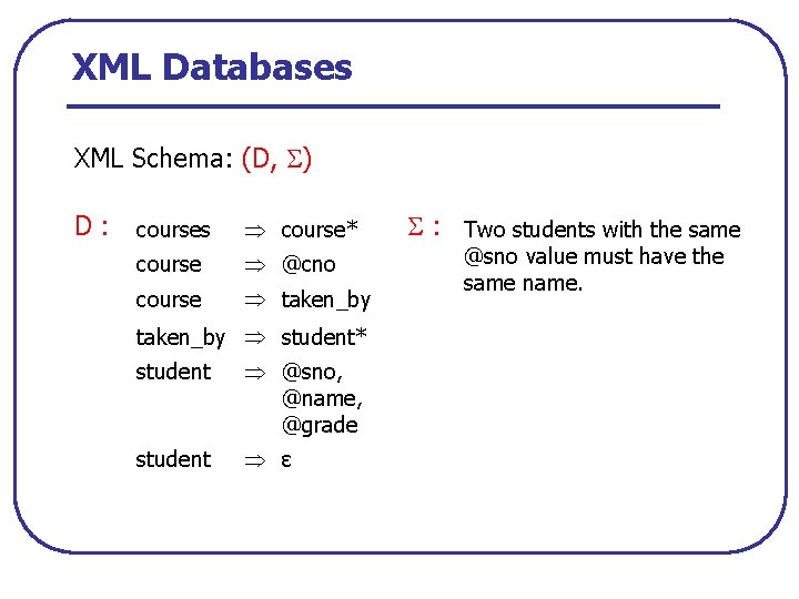 XML Databases XML Schema: (D, ) D: courses course* course @cno course taken_by student*