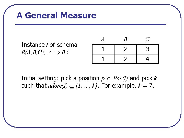 A General Measure Instance I of schema R(A, B, C), A B : A