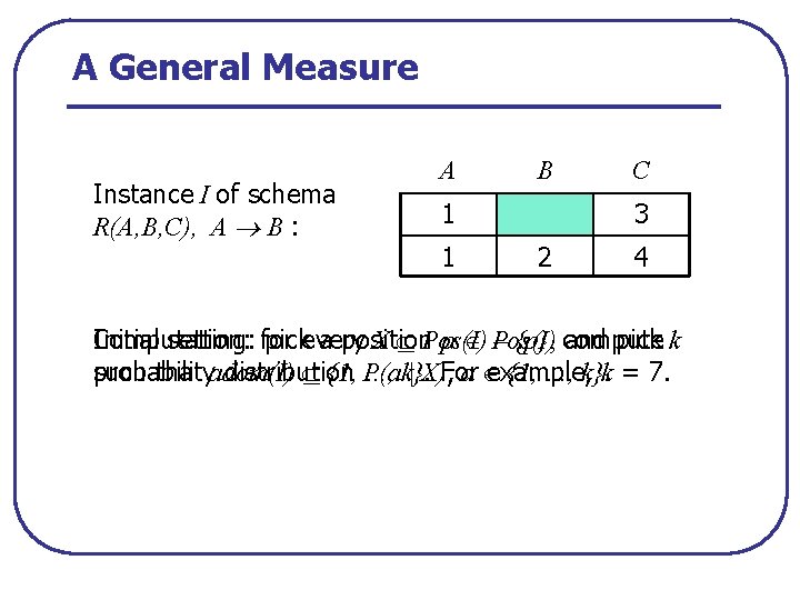 A General Measure Instance I of schema R(A, B, C), A B : A