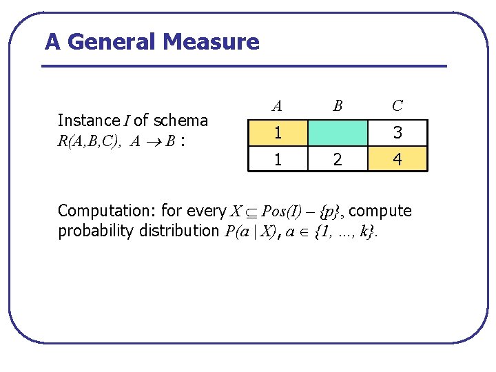 A General Measure Instance I of schema R(A, B, C), A B : A