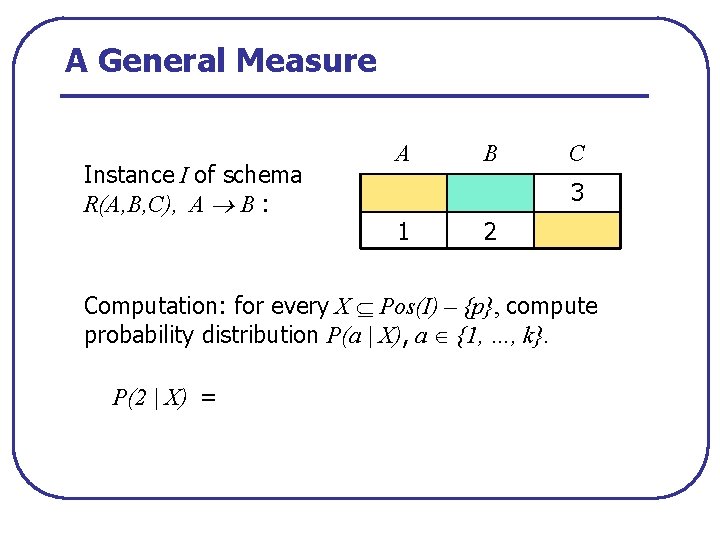 A General Measure Instance I of schema R(A, B, C), A B : A