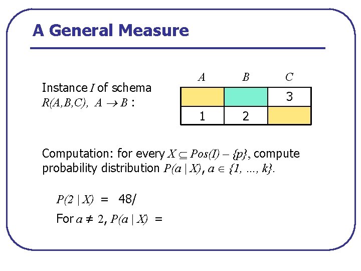 A General Measure Instance I of schema R(A, B, C), A B : A