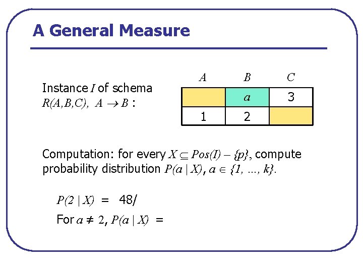 A General Measure Instance I of schema R(A, B, C), A B : A