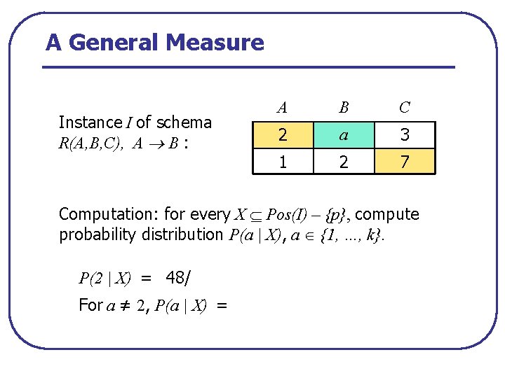 A General Measure Instance I of schema R(A, B, C), A B : A