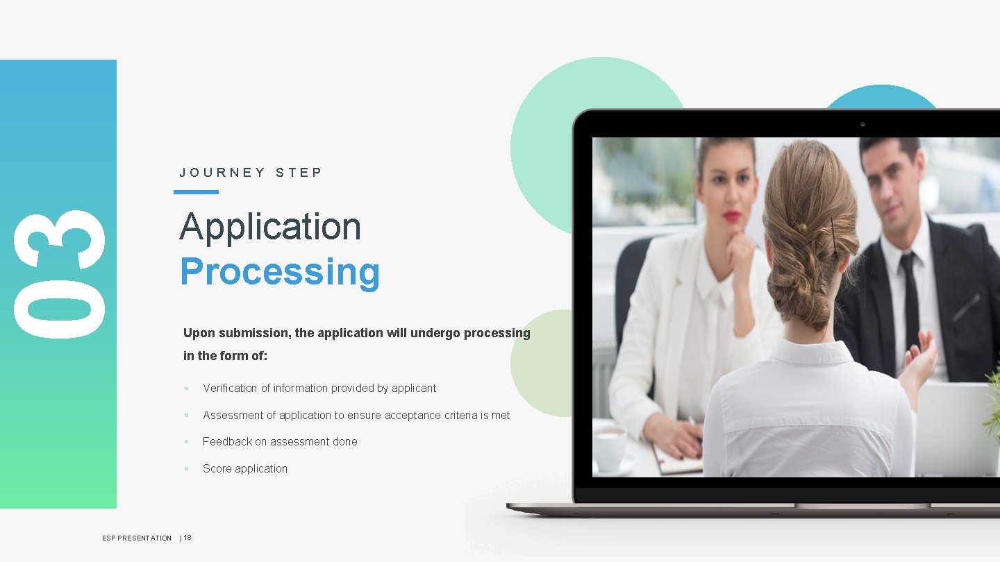 03 JOURNEY STEP Application Processing Upon submission, the application will undergo processing in the