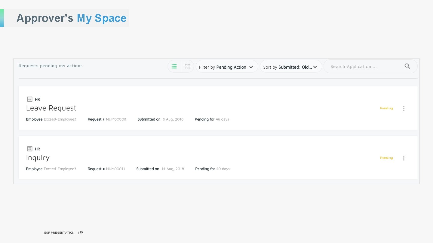 Approver’s My Space ESP PRESENTATION | 19 