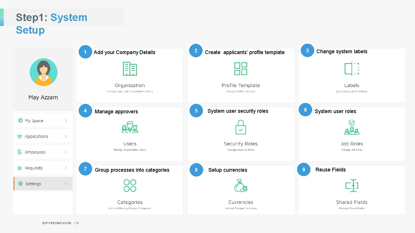 Step 1: System Setup ESP PRESENTATION | 8 1 Add your Company Details 2