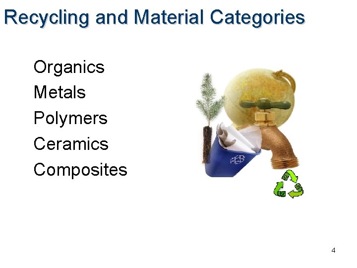 Recycling and Material Categories Organics Metals Polymers Ceramics Composites 4 