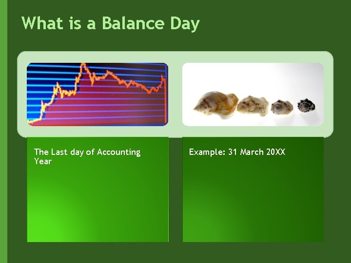 What is a Balance Day The Last day of Accounting Year Example: 31 March
