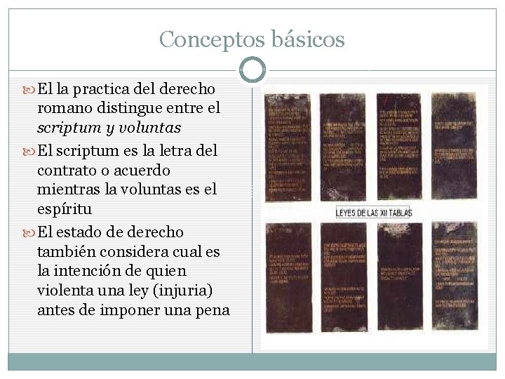 Conceptos básicos El la practica del derecho romano distingue entre el scriptum y voluntas