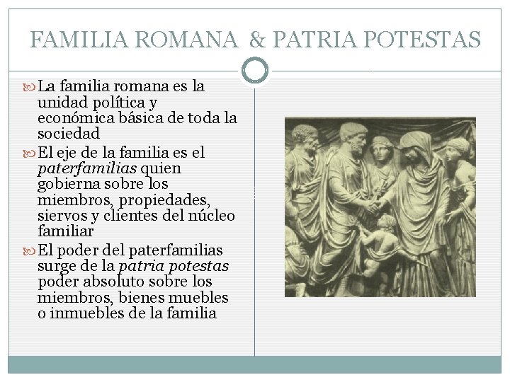 FAMILIA ROMANA & PATRIA POTESTAS La familia romana es la unidad política y económica