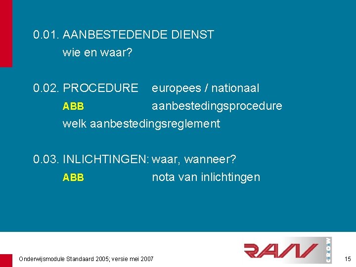 0. 01. AANBESTEDENDE DIENST wie en waar? 0. 02. PROCEDURE europees / nationaal ABB