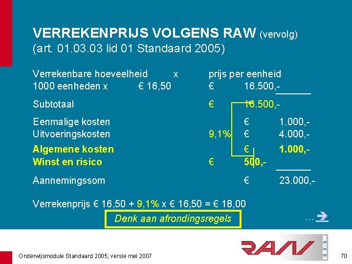 VERREKENPRIJS VOLGENS RAW (vervolg) (art. 01. 03 lid 01 Standaard 2005) Verrekenbare hoeveelheid x