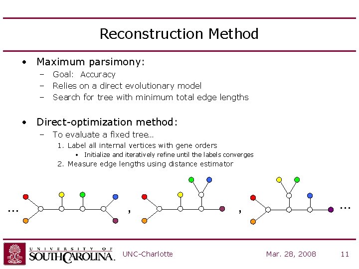 Reconstruction Method • Maximum parsimony: – – – Goal: Accuracy Relies on a direct