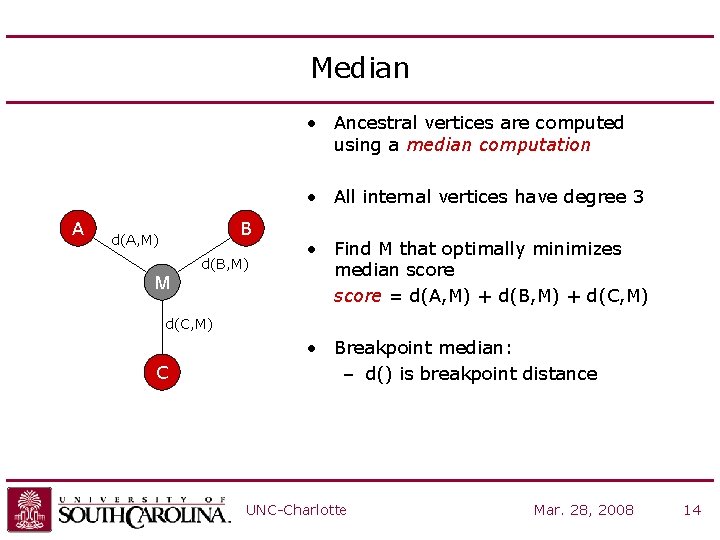 Median • Ancestral vertices are computed using a median computation • All internal vertices