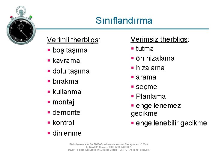 Sınıflandırma Verimli therbligs: § boş taşıma § kavrama § dolu taşıma § bırakma §