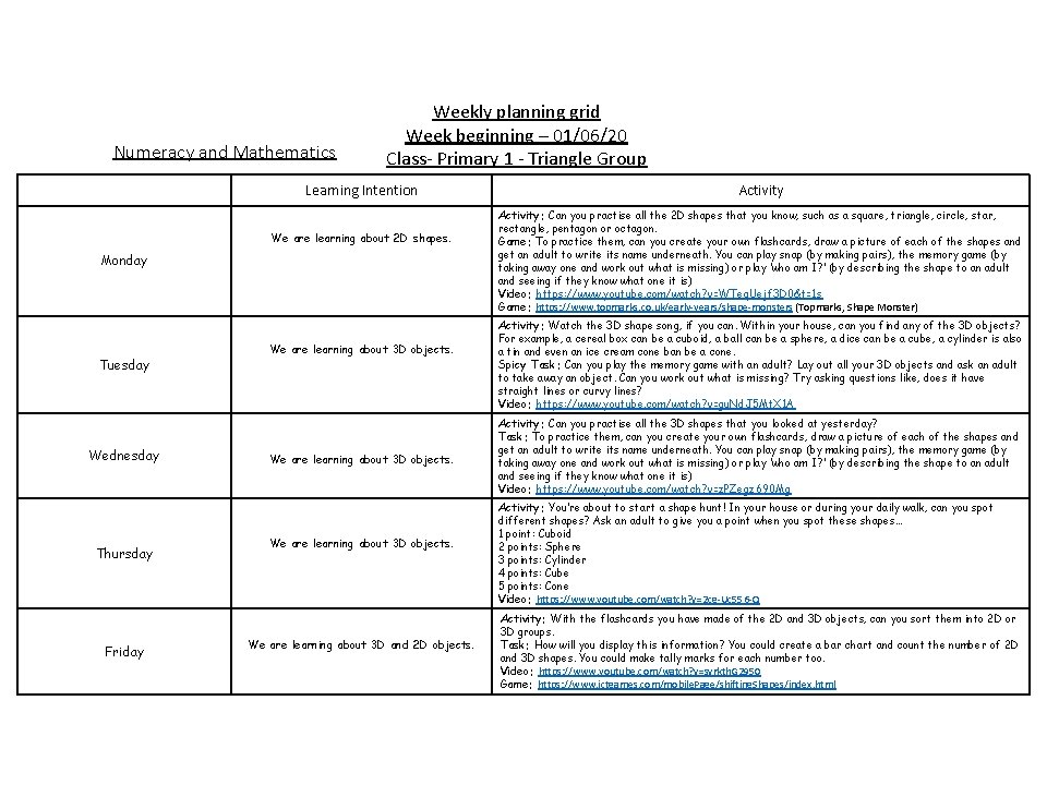 Numeracy and Mathematics Weekly planning grid Week beginning – 01/06/20 Class- Primary 1 -