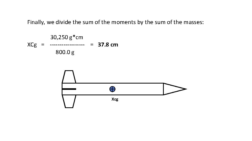 Finally, we divide the sum of the moments by the sum of the masses: