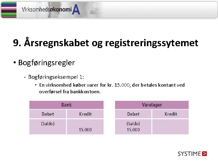 9. Årsregnskabet og registreringssytemet • Bogføringsregler - Bogføringseksempel 1: • En virksomhed køber varer