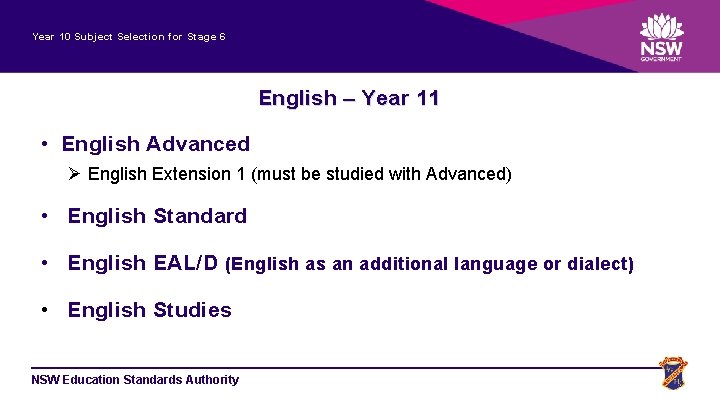 Year 10 Subject Selection for Stage 6 English – Year 11 • English Advanced