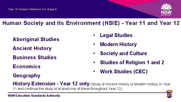 Year 10 Subject Selection for Stage 6 Human Society and Its Environment (HSIE) -