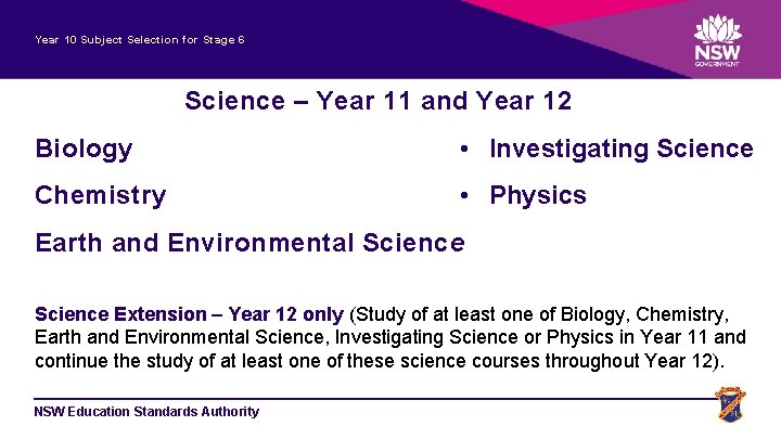 Year 10 Subject Selection for Stage 6 Science – Year 11 and Year 12