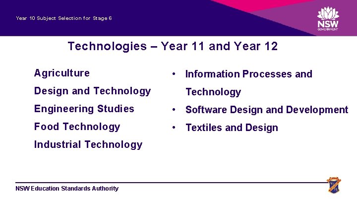 Year 10 Subject Selection for Stage 6 Technologies – Year 11 and Year 12