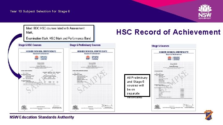 Year 10 Subject Selection for Stage 6 HSC Record of Achievement All Preliminary and