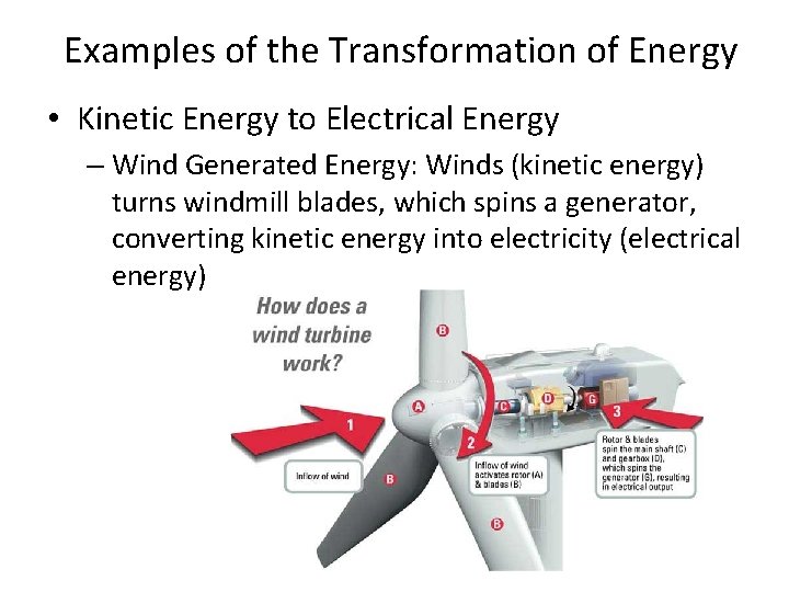 Examples of the Transformation of Energy • Kinetic Energy to Electrical Energy – Wind