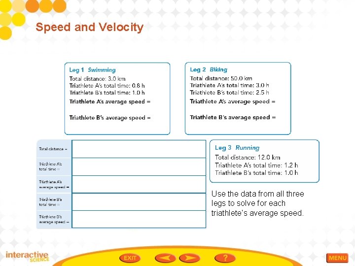 Speed and Velocity Use the data from all three legs to solve for each