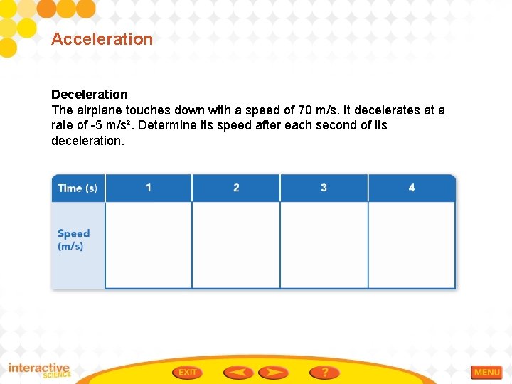 Acceleration Deceleration The airplane touches down with a speed of 70 m/s. It decelerates