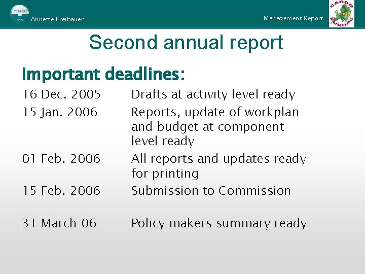 Management Report Annette Freibauer Second annual report Important deadlines: 16 Dec. 2005 15 Jan.