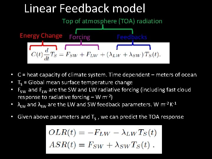 Linear Feedback model Top of atmosphere (TOA) radiation Energy Change Forcing Feedbacks • C