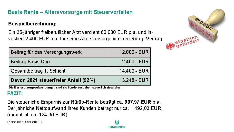 Basis Rente – Altersvorsorge mit Steuervorteilen Beispielberechnung: Ein 35 -jähriger freiberuflicher Arzt verdient 60.