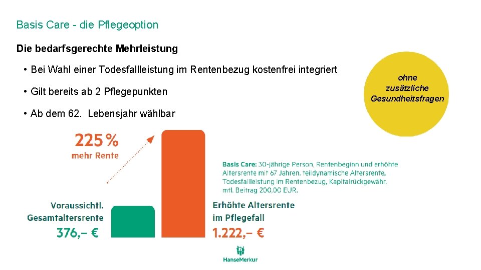 Basis Care - die Pflegeoption Die bedarfsgerechte Mehrleistung • Bei Wahl einer Todesfallleistung im