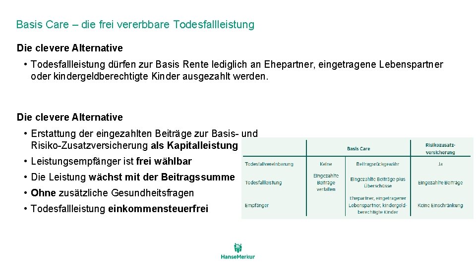 Basis Care – die frei vererbbare Todesfallleistung Die clevere Alternative • Todesfallleistung dürfen zur