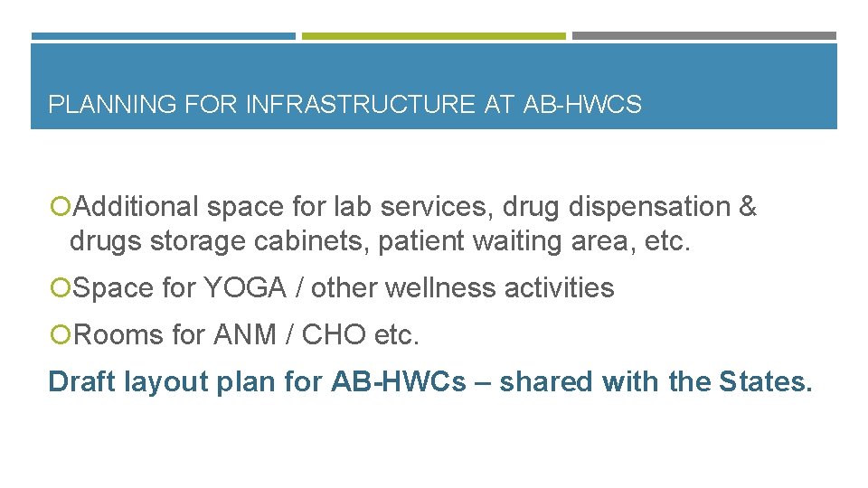 PLANNING FOR INFRASTRUCTURE AT AB-HWCS Additional space for lab services, drug dispensation & drugs