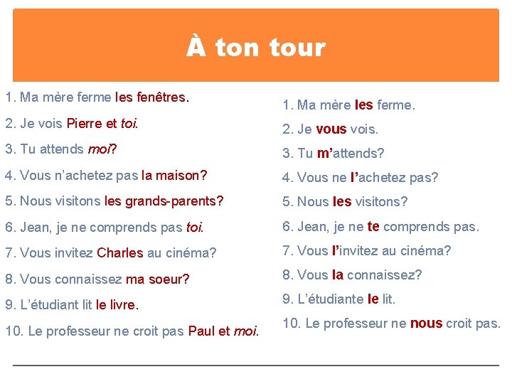À ton tour 1. Ma mère ferme les fenêtres. 1. Ma mère les ferme.