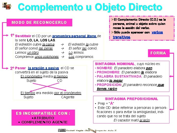 Complemento u Objeto Directo MODO DE RECONOCERLO 1º Sustituir el CD por un pronombre Complemento u Objeto Directo MODO DE RECONOCERLO 1º Sustituir el CD por un pronombre