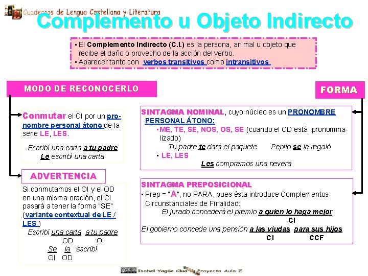 Complemento u Objeto Indirecto • El Complemento Indirecto (C. I. ) es la persona, Complemento u Objeto Indirecto • El Complemento Indirecto (C. I. ) es la persona,